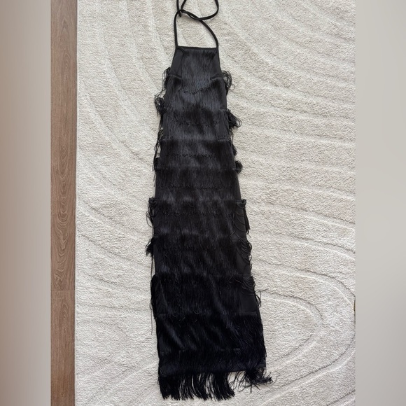 Black Fringe Backless Halter Dress - Picture 6 of 12